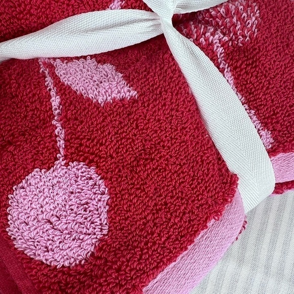 Rachel Zoe Red & Pink Cherry Hand Towels Set of 2 100% Cotton NEW - Picture 8 of 9